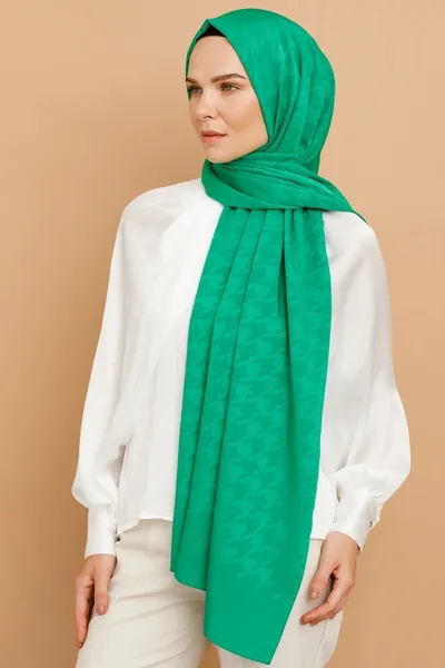 Benetton Yeşili Kazayağı Desen İpeksi Jakar Şal