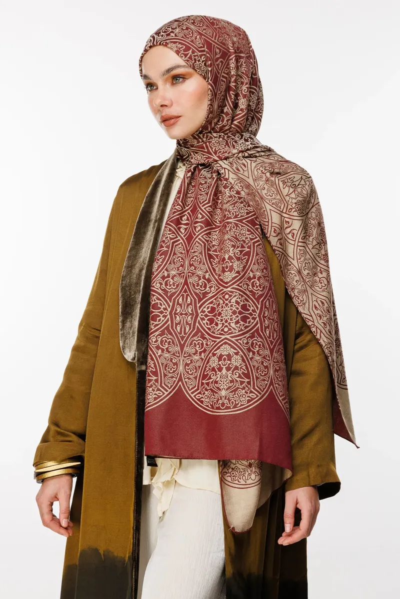 Mürdüm-Somon Morocco Desen Çift Taraflı Şal · Kaşmir