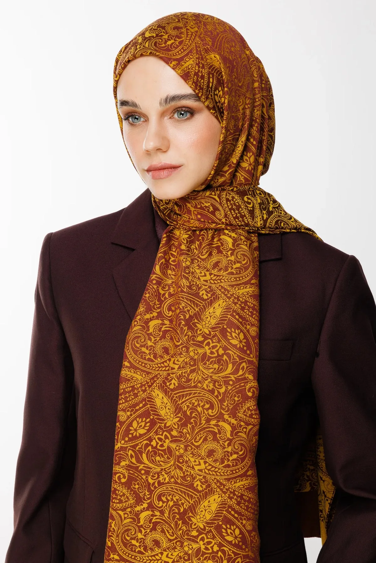 Mürdüm-Sarı Velora Desen Çift Taraflı Şal · Kaşmir