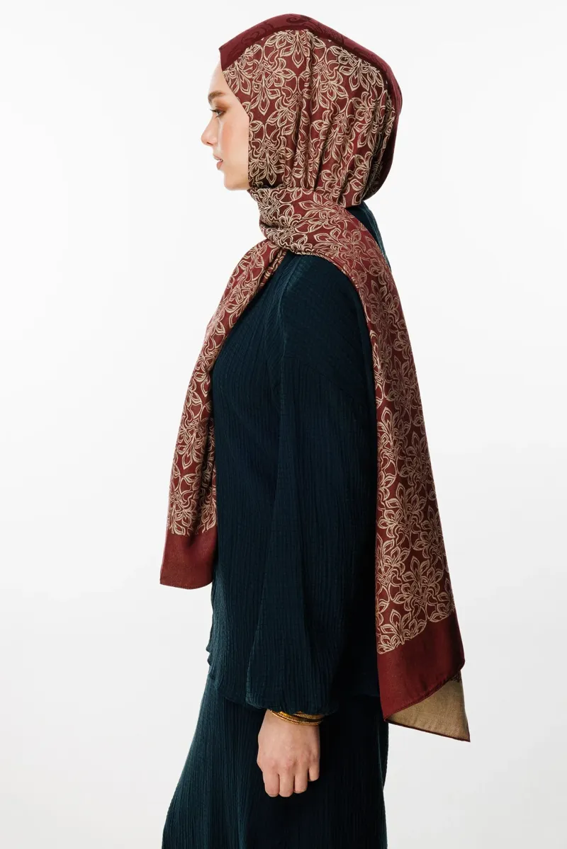Mürdüm-Somon Nora Desen Çift Taraflı Şal · Kaşmir