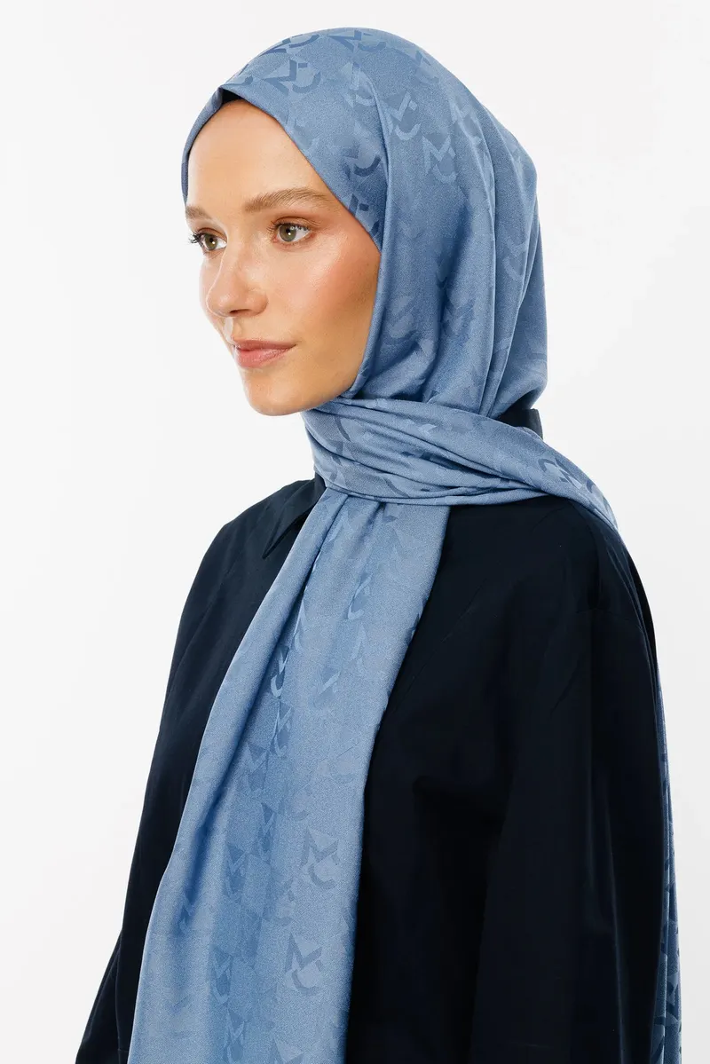 Gök Mavisi Mc Desen Jakar Şal · Monogram Jakar