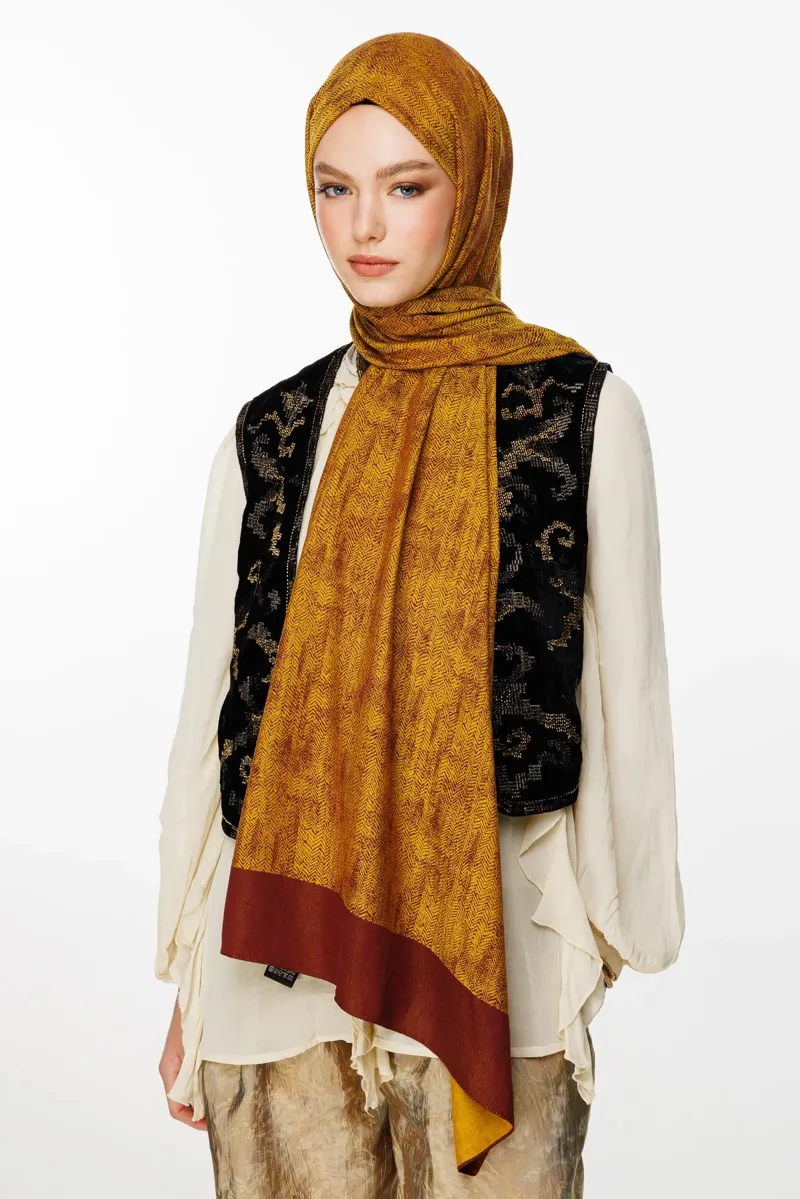 Mürdüm-Sarı Sahra Desen Çift Taraflı Şal · Kaşmir