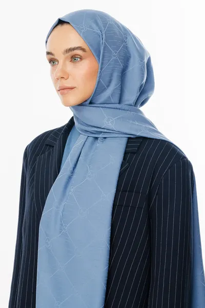 Gök Mavisi Moon Is Desen Jakar Şal · Monogram Jakar