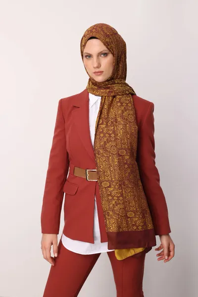Mürdüm-Sarı Henna Desen Çift Taraflı Şal · Kaşmir