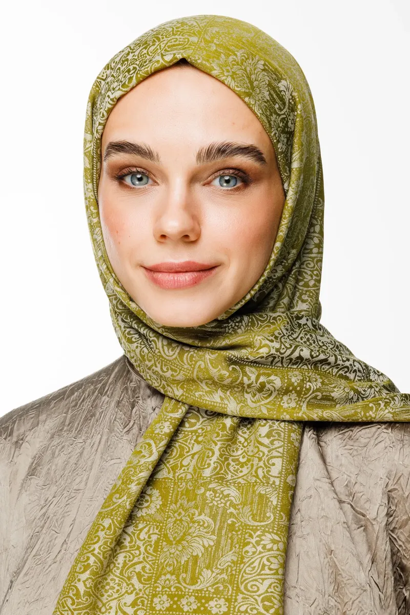Yağ Yeşili-Ekru Henna Desen Çift Taraflı Şal · Kaşmir
