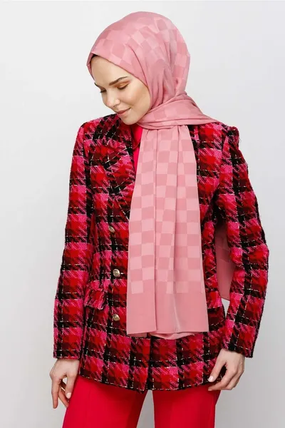 Pembe Dama Desen İpeksi Jakar Şal