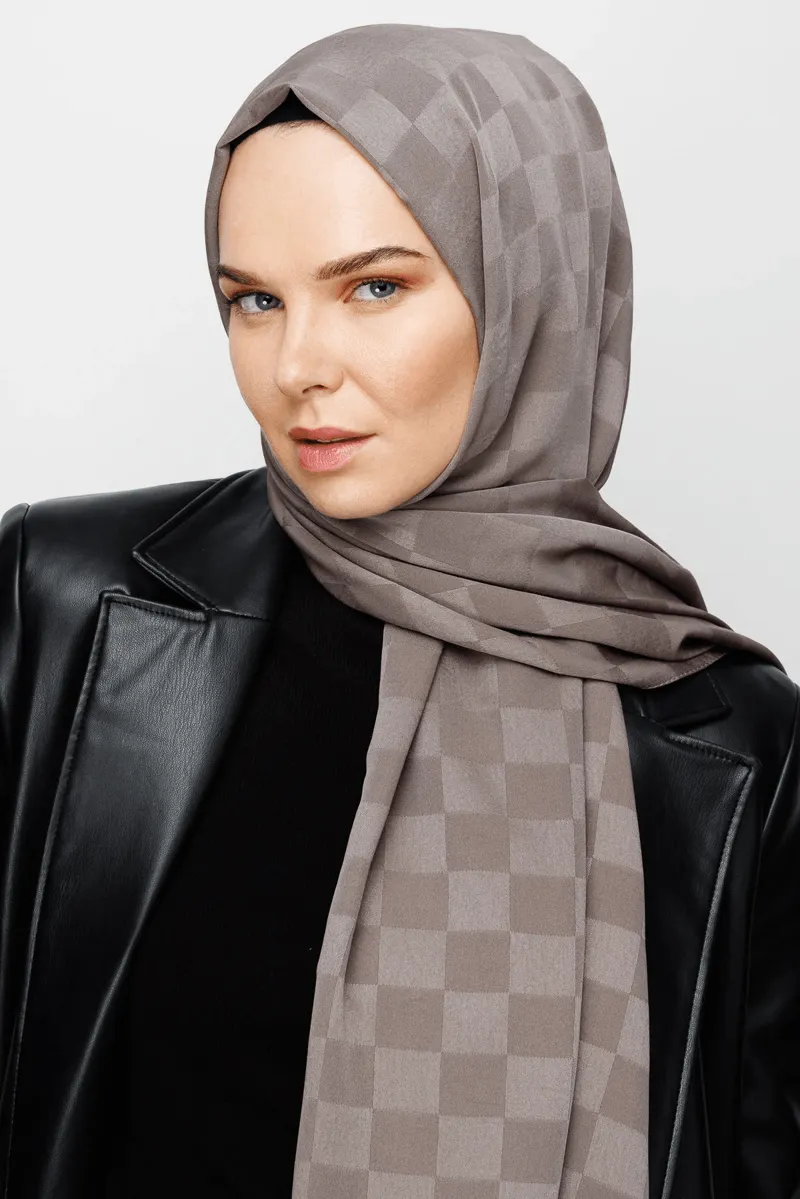 Gri Dama Desen İpeksi Jakar Şal
