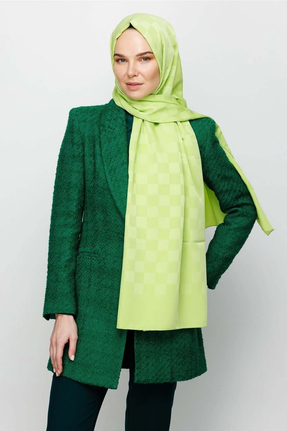 Fıstık Yeşili Dama Desen İpeksi Jakar Şal