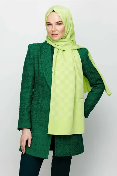Fıstık Yeşili Dama Desen İpeksi Jakar Şal