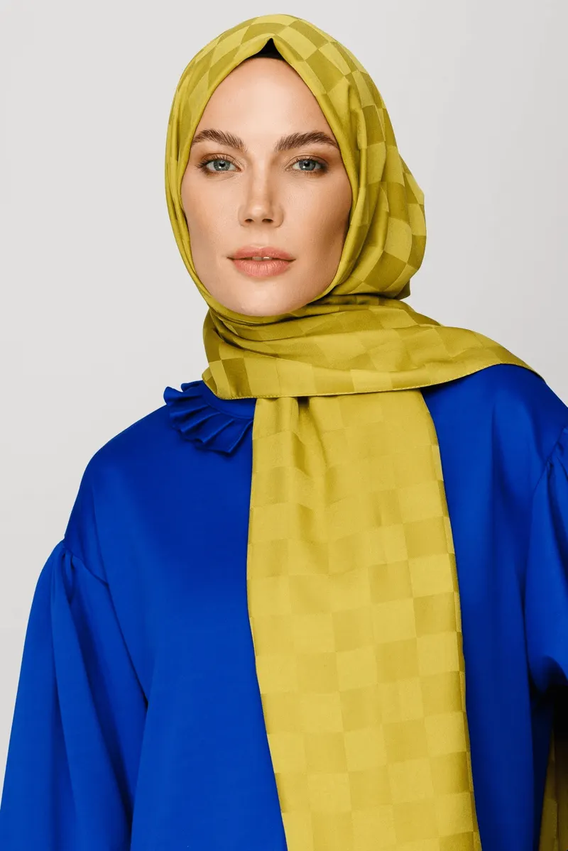 Oliv Yeşili Dama Desen İpeksi Jakar Şal