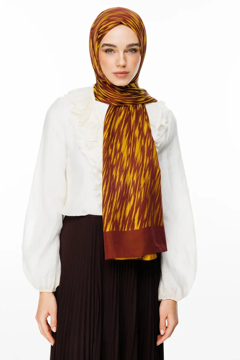 Mürdüm-Sarı Selis Desen Çift Taraflı Şal · Kaşmir