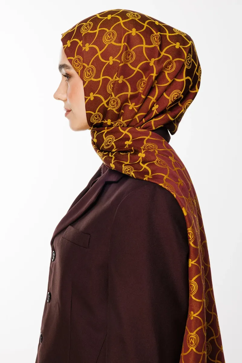 Mürdüm-Sarı Marrakech Desen Çift Taraflı Şal · Kaşmir