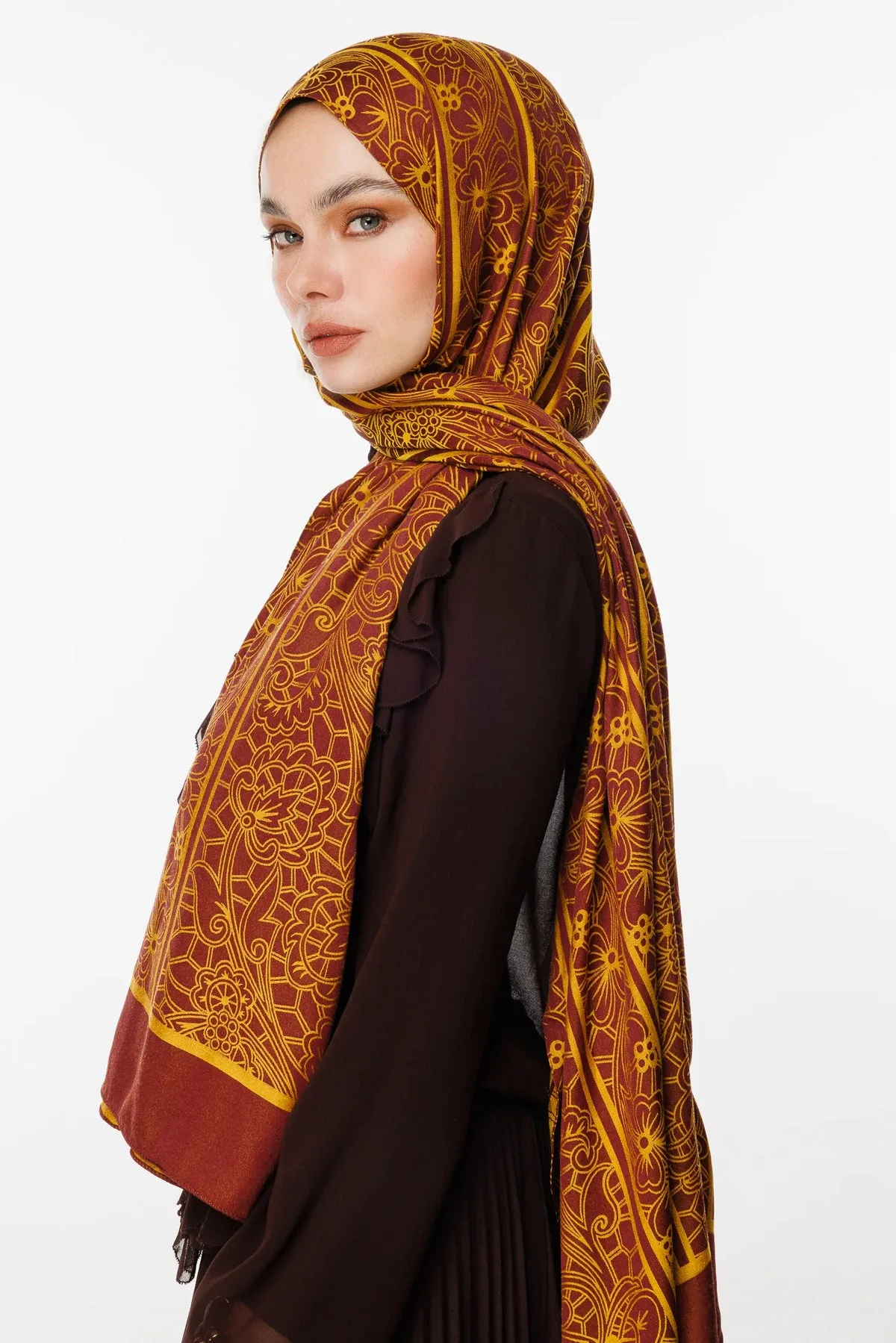 Mürdüm-Sarı Lavin Desen Çift Taraflı Şal · Kaşmir