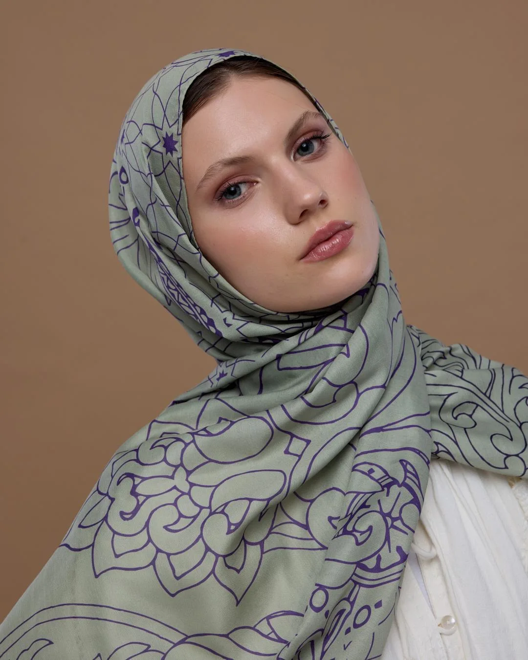 Krem Zencefil & Menekşe Efsunlu Desen Şal - 04