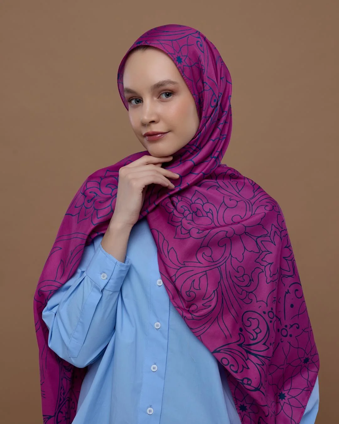 Şakayık Pembesi & Çini Mavisi Efsunlu Desen Şal - 06
