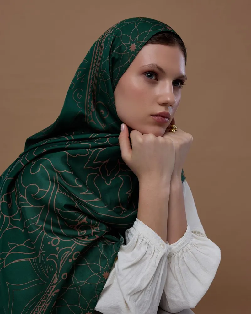 Orman Yeşili & Bronz Şafak Efsunlu Desen Şal - 19