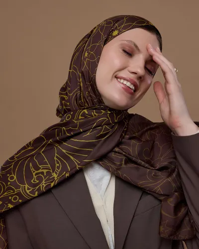 Buhur Kahvesi & Saf Sarı Efsunlu Desen Şal - 43