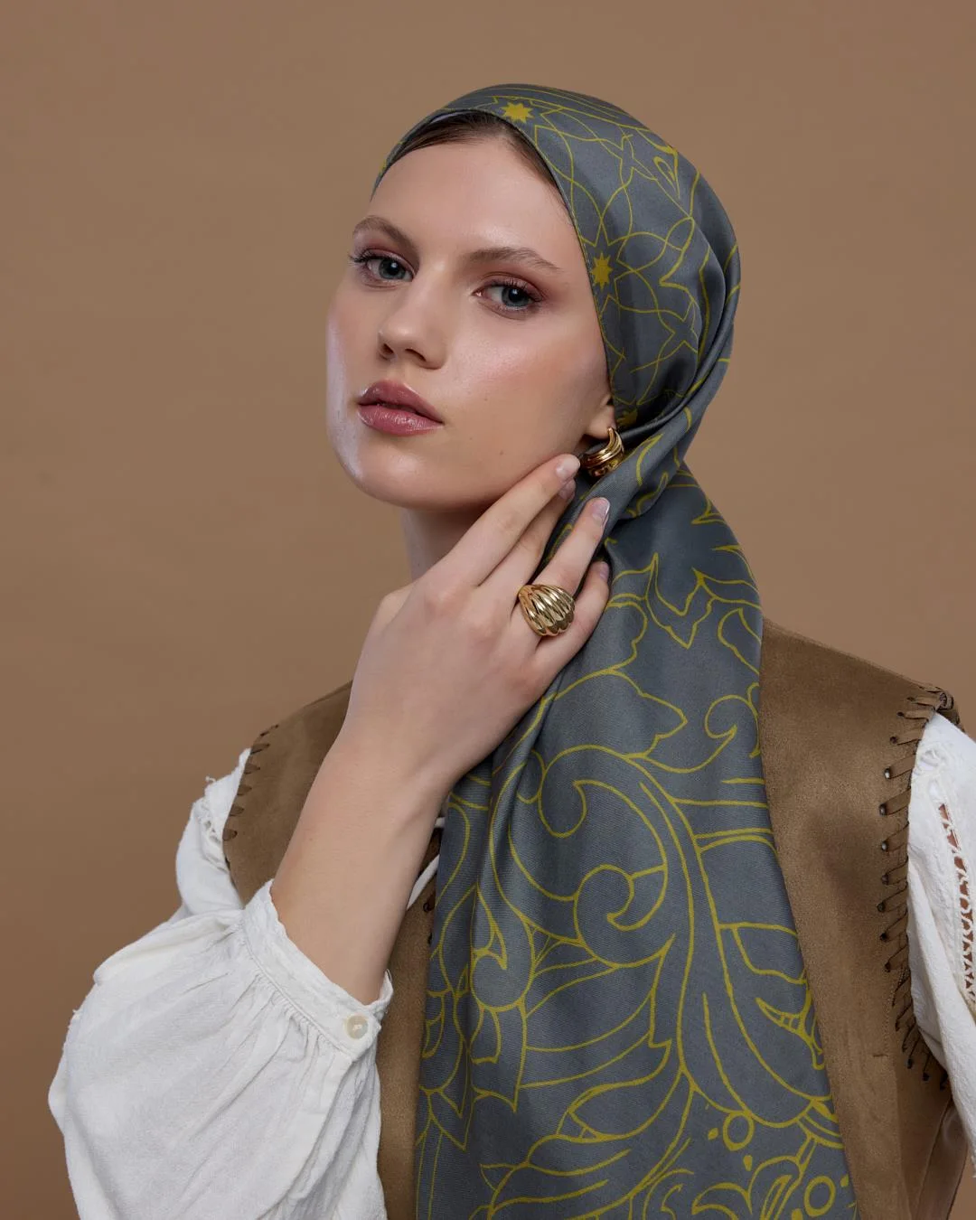 Kurşun Gri & Hasat Sarısı Efsunlu Desen Şal - 45