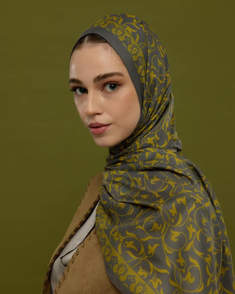 Kurşun Gri & Hasat Sarısı Lale Bahçesi Desen Şal - 45