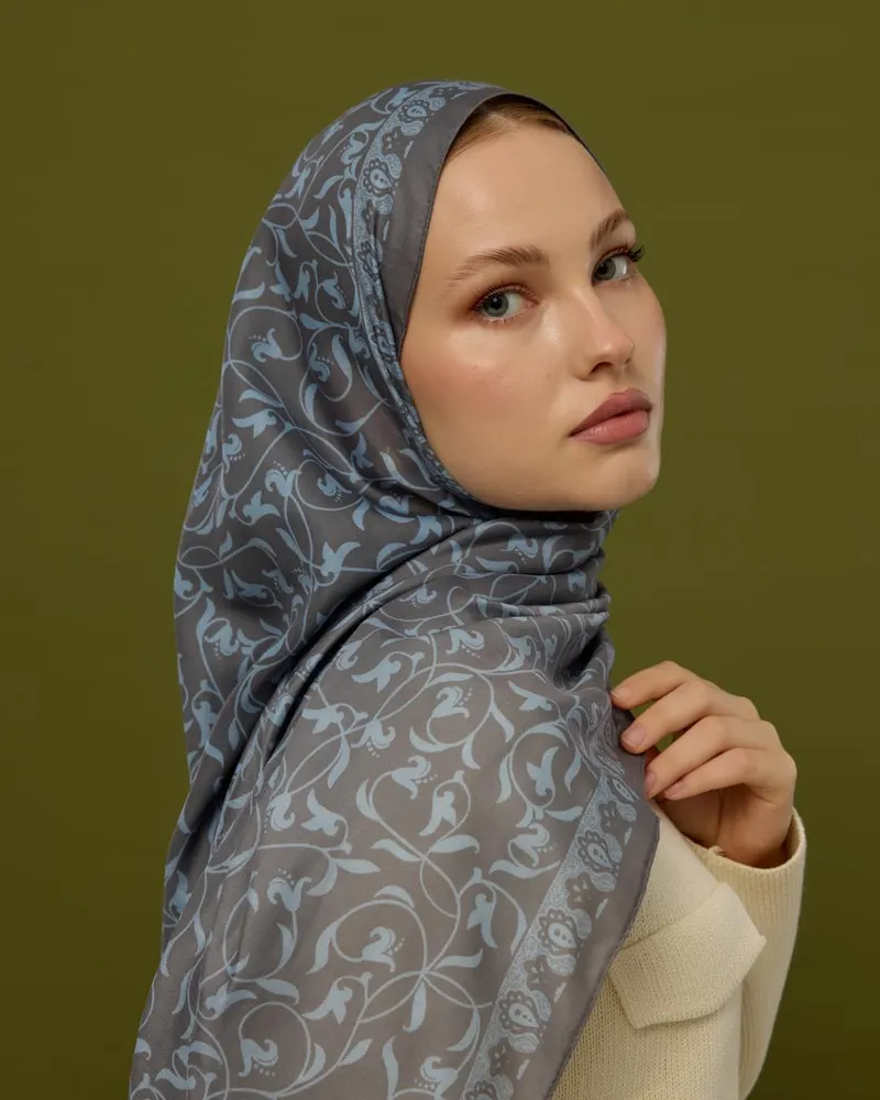 Füme Kahve & Buz Mavi Lale Bahçesi Desen Şal - 50