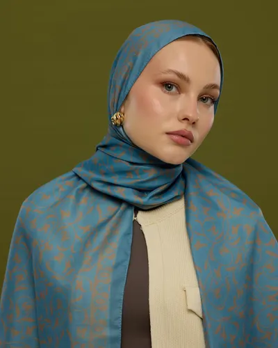 Çakıl Mavisi & Tarçın Dumanı Lale Bahçesi Desen Şal - 51