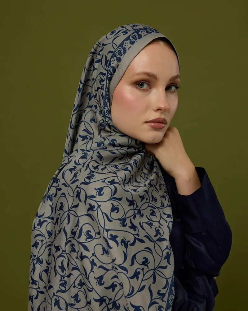 Bej & Lacivert Lale Bahçesi Desen Şal - 60