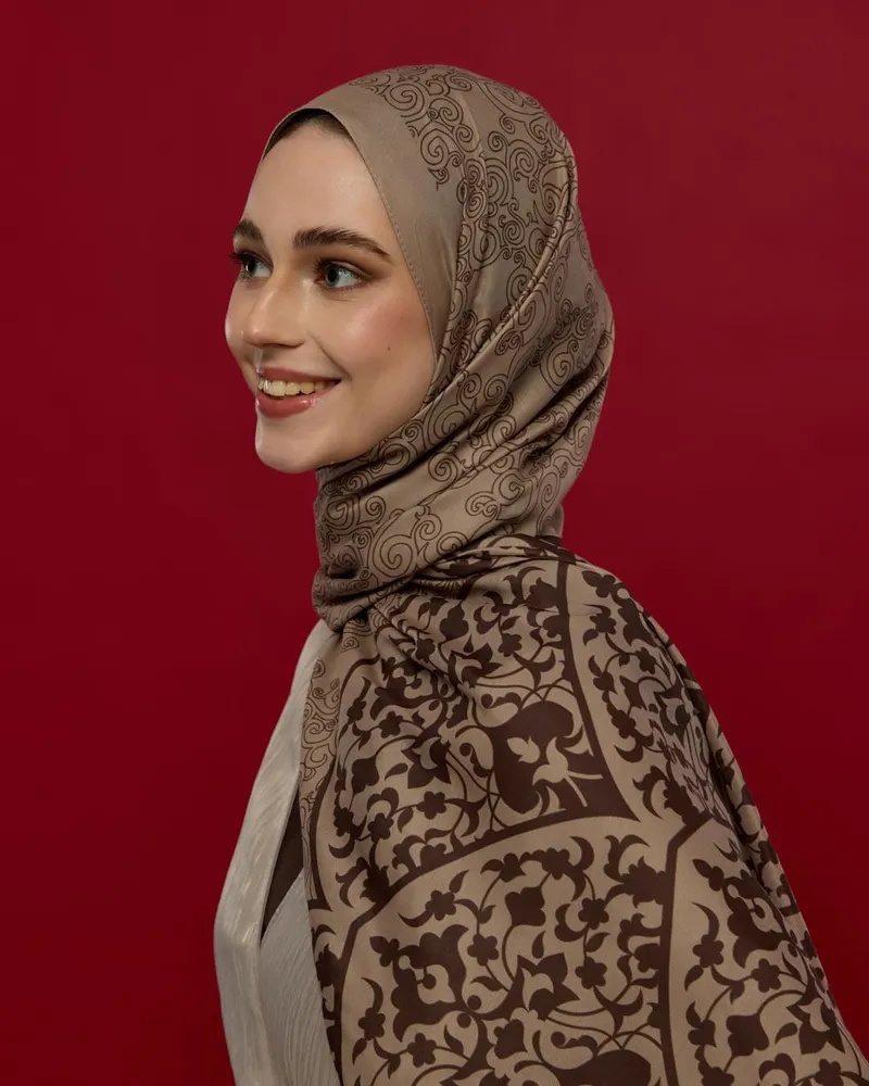 Krem Tarçını & Kakao Saraylı Desen Şal - 36
