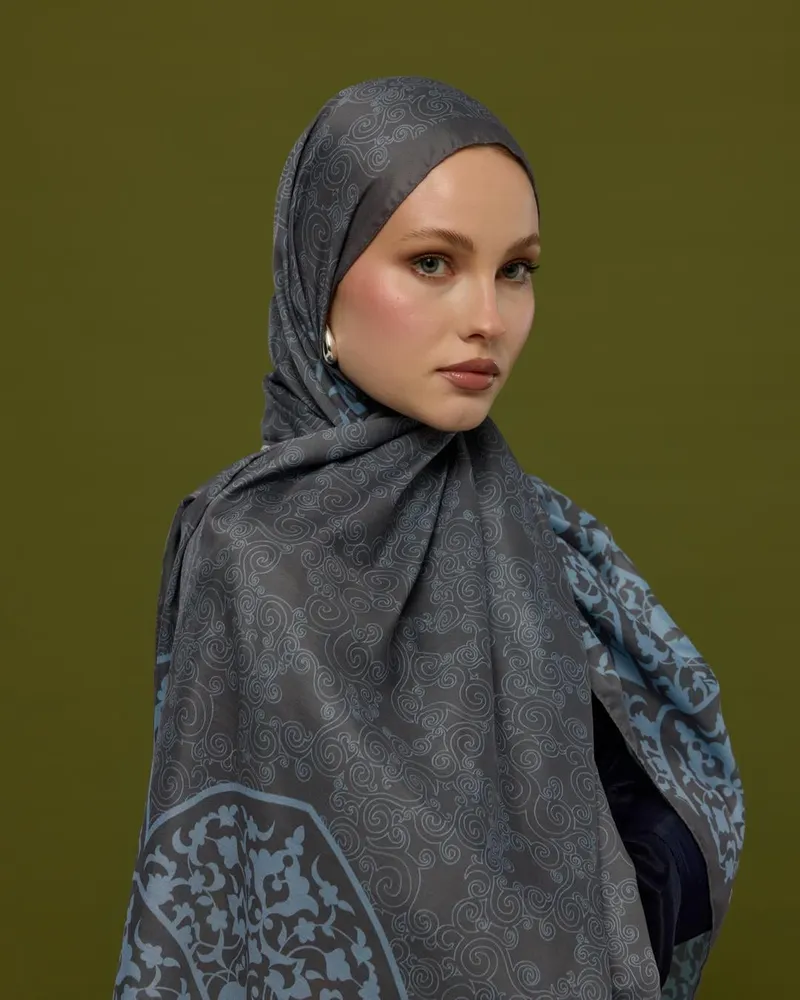 Füme Kahve & Buz Mavi Saraylı Desen Şal - 50