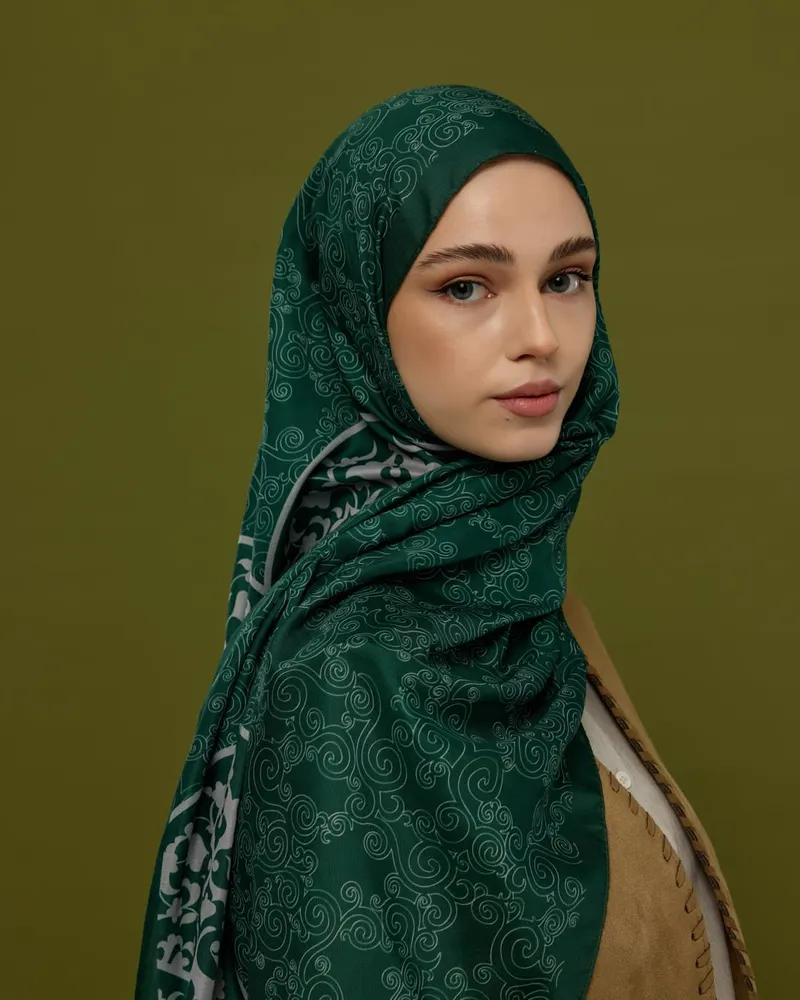 Zümrüt & Krem Saraylı Desen Şal - 55