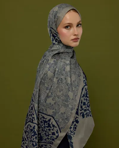 Bej & Lacivert Saraylı Desen Şal - 60