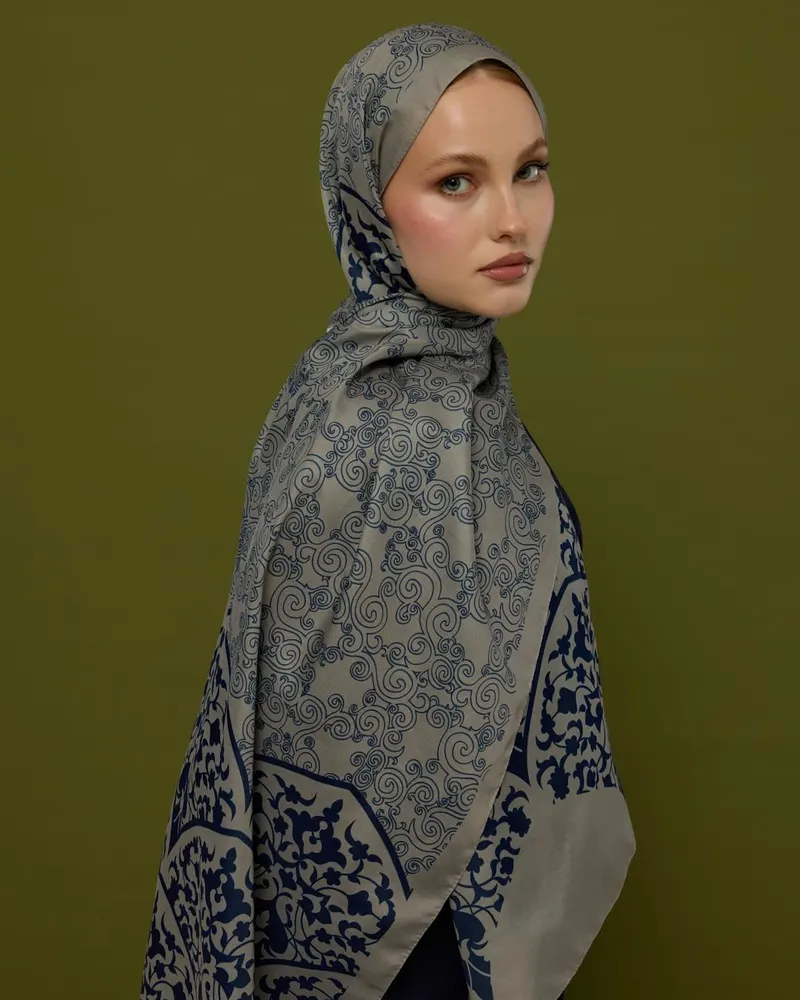 Bej & Lacivert Saraylı Desen Şal - 60