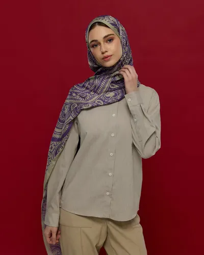 Krem Zencefil & Menekşe Sultani Desen Şal - 04