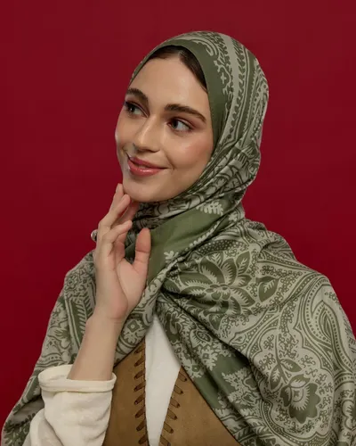 Zeytin Yeşili & Badem Kremi Sultani Desen Şal - 37