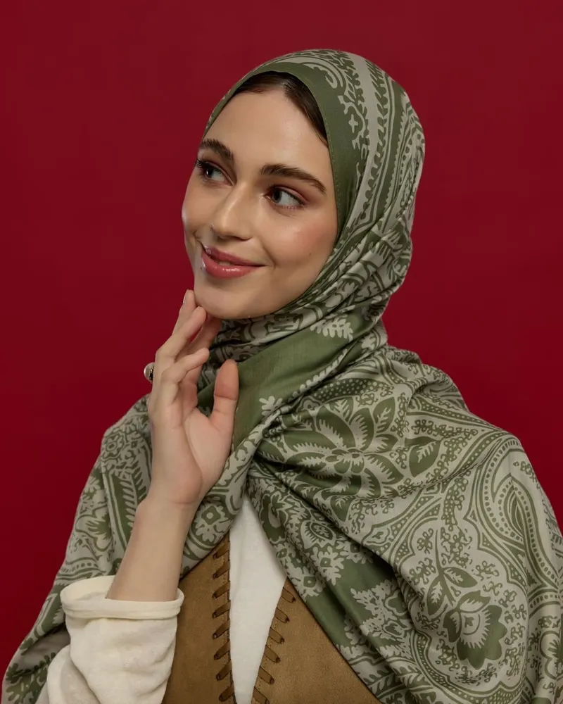 Zeytin Yeşili & Badem Kremi Sultani Desen Şal - 37