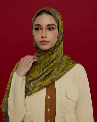 Kurşun Gri & Hasat Sarısı Sultani Desen Şal - 45