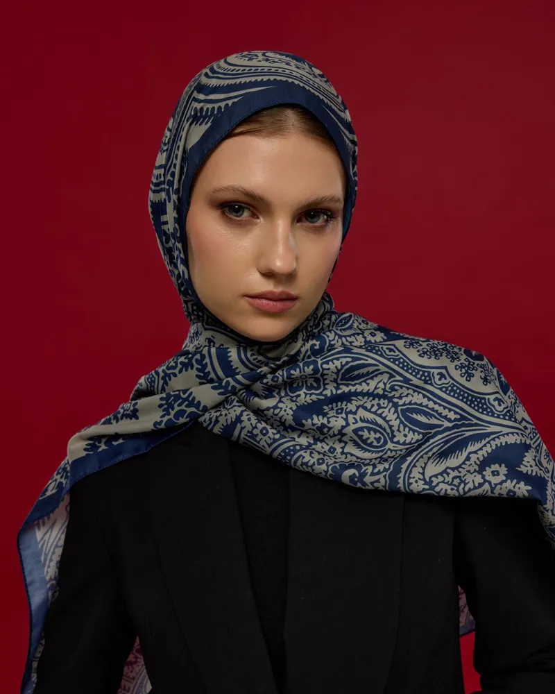 Lacivert & Bej Sultani Desen Şal - 59