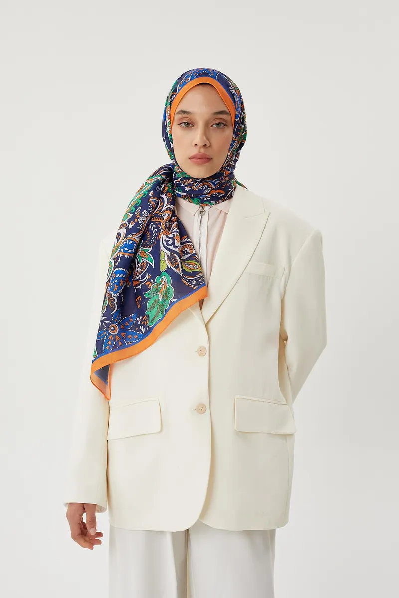 Turuncu & Lacivert Retro Desen Şal · Pamuk