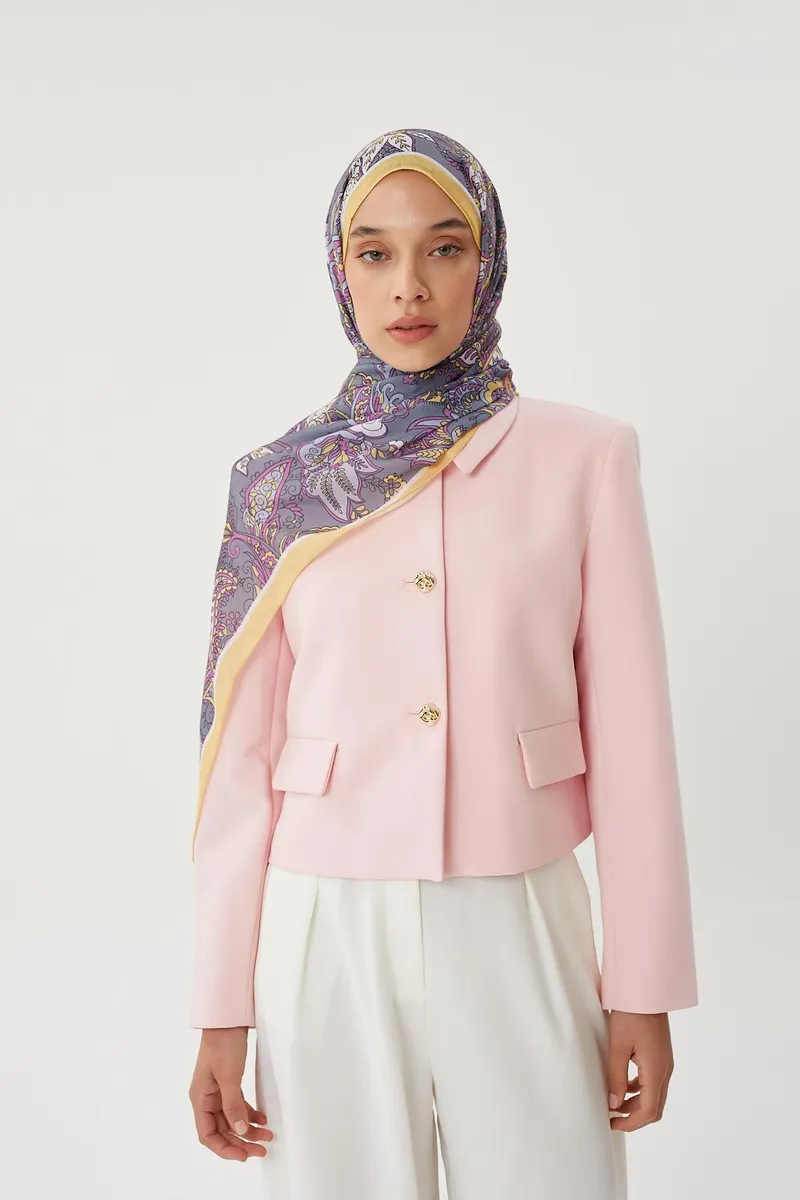 Pastel Sarı & Gri Retro Desen Şal · Pamuk