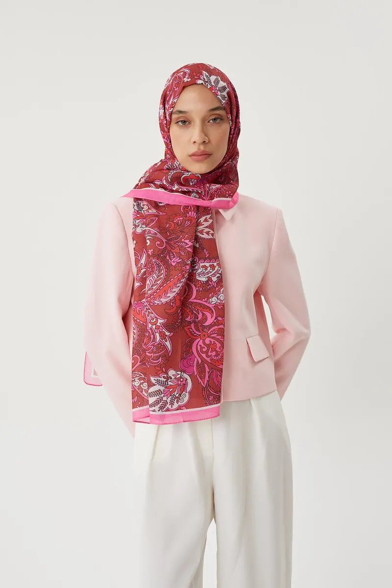 Şeker Pembe & Kiremit Retro Desen Şal · Pamuk