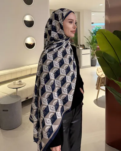 Lacivert Icon Vual İpek Şal