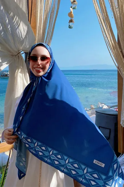 Mavi Venedik Desen Pamuk Vual Şal
