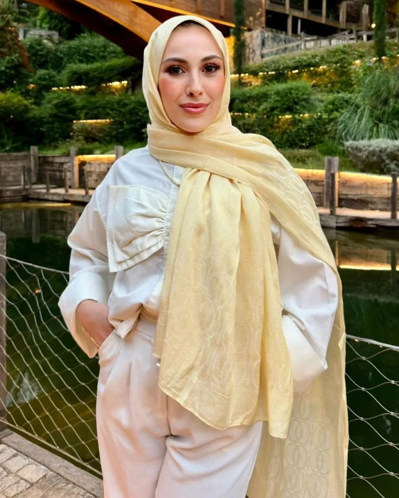 Pastel Sarı Imannoor Aura Desen Pamuk Jakar Şal