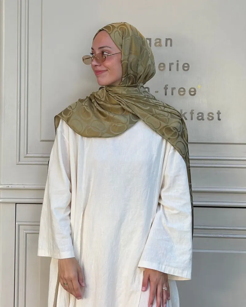 Haki Imannoor Büyük Dama Desen Pamuk Jakar Şal · Haki  Büyük