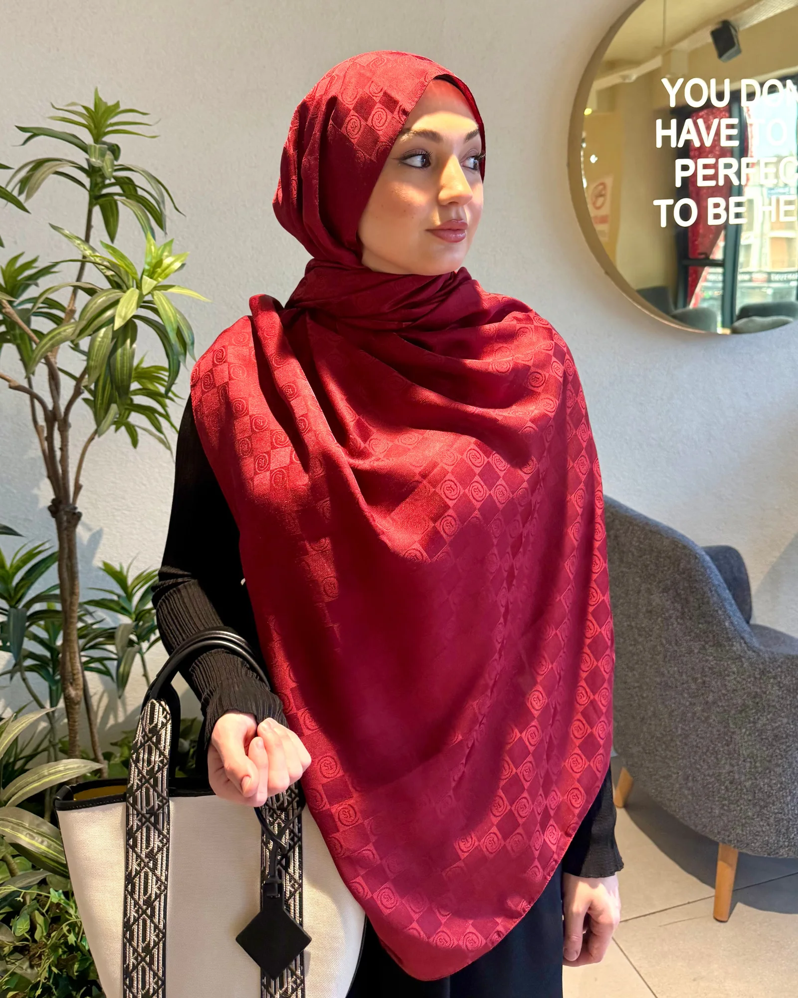 Bordo Damier Desen Jakar Şal · İpeksi Jakar