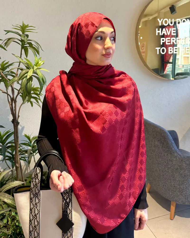 Bordo Damier Desen Jakar Şal · İpeksi Jakar