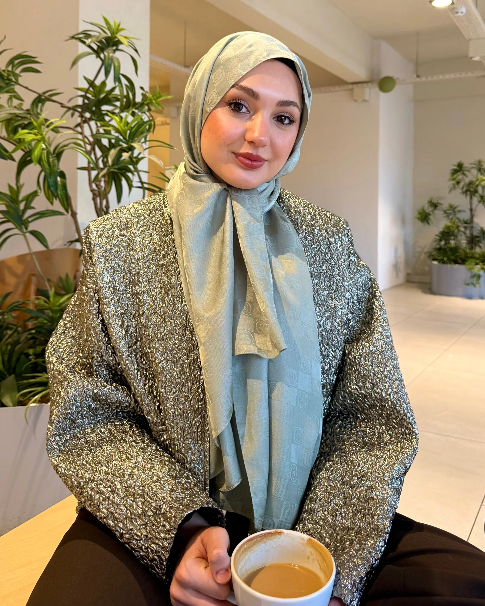Pastel Yeşili Damier Desen Jakar Şal · İpeksi Jakar
