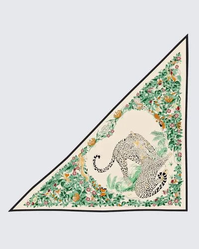 Krem & Zümrüt Yeşili - Tropikal Leopar Desenli Kaşmir Omuz Şalı
