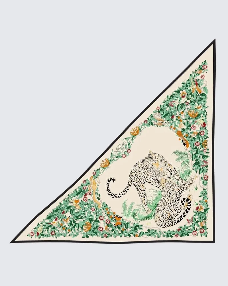 Krem & Zümrüt Yeşili - Tropikal Leopar Desenli Kaşmir Omuz Şalı