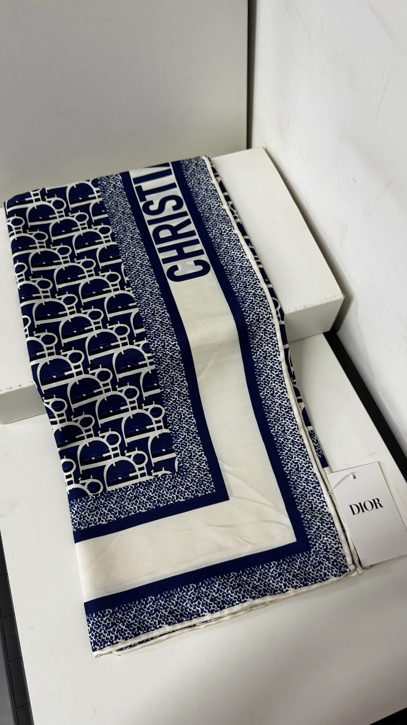 İthal Taş & Lacivert CD Monogram Desen Twill İpek Eşarp