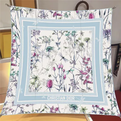 İthal Soft Mavi D Flower Desen Twill İpek Eşarp